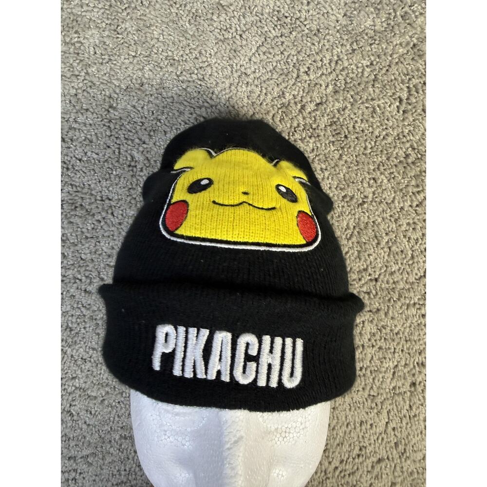Pokémon Beanie Mens One Size Black Pikachu Embroidered Logo Acrylic Stretch